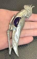 4”  Vintage Luja Deco Pot Metal Blue Glass Cabochon Bird Parrot Cockatoo Brooch picture