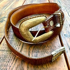VINTAGE AL BERES LEATHER WESTERN BELT, 3 PIECE BUCKLE SET, NICKEL SILVER, sz36 picture