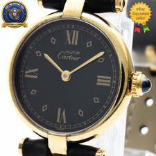 [Exc+5] CARTIER 590004 Must Vendome Vermeil SM Black Dial 24mm Women's Qz Watch picture