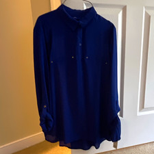 Express Women's Blue Solid Chiffon Collared Long Sleeve Button-Up Blouse M picture