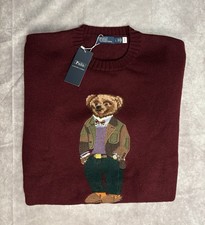 Polo Ralph Lauren Wool Polo Bear Sweater Men Size Large Burgundy Rare picture