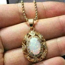 Natural Fire Opal 3.00Ct Oval Cut Vintage Pendant 14K Yellow Gold Plated Silver picture