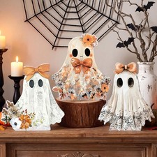 3 Pcs Cute Ghost Halloween Table Decorations Indoor, White Lace Floral Wooden Bl picture