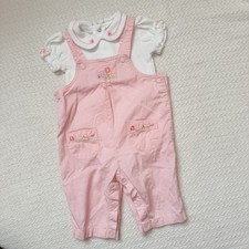 Vintage Y2K Carter's Baby Girl 3-6Mos Embroidered Pink Overalls Outfit 2 Pc picture