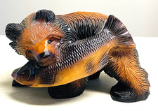 VTG Japanese Hokkaido Folk Art Hand Carved Bear With Salmon Fish RARE picture