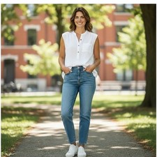 Sonoma Goods For Life Womens White Sleeveless Button Down Shirt Band Collar S picture