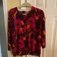 Talbots Pure Cashmere Pink Floral Knit Cardigan Sweater XL 3/4 Sleeve Crew Neck picture