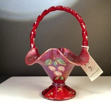 VTG Fenton Ruby Red  Carnival Satin Twisted Handle Stretch Basket Cherries picture