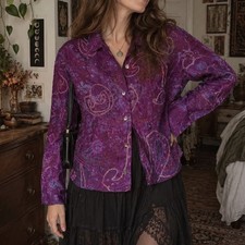 Chico's Button Down Shirt Womens 2 Purple Silk Embroidered Boho Whimsigoth Art picture