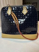 Arcadia Navy Patent Leather Dome Bag Tan Trim Italy Missing Top Handles picture