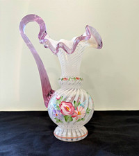 Fenton Hand Painted Floral Art Glass Pitcher 10 oz Purple Handle 1996 picture