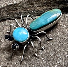 Herbert Ration NAVAJO Sterling Spider Bug Insect Turquoise Black Onyx Pin/Brooch picture