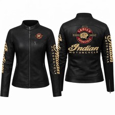 Women's black leather Indian motorcycle jacket ladies embroidered biker jacket picture