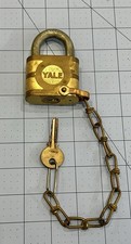 Vintage Heavy Duty Yale Chunky Brass Padlock 12.5 oz with Key and Attached Chain picture