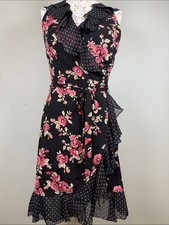 WHBM Black Sleeveless Faux Wrap Pink Floral Polka Dot Mix Print Dress Size 6 picture