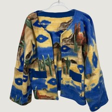 Vintage Southwest Desert Cactus Fleece Jacket Open Front Blue Yellow Small picture
