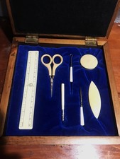 Antique French Ivory Sewing Kit Wood Box w/ Cross Stitch - A+ Condition picture
