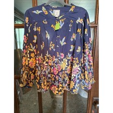 Lea Anthropologie Navy Floral Cotton Gauze Boho Button Front Blouse Plus Size 1X picture
