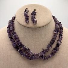 Vintage Amethyst Gemstone Chip Endless Strand Necklace & Earrings Set Long picture
