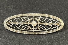 Antique 14K Two-Tone Gold Filigree Bar Brooch Seed Pearl Edwardian c.1910 picture