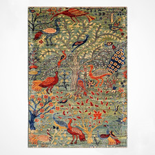 Authentic Green Wool Area Rug | Hand-Woven Natural Dye | Traditional Bird Patter picture