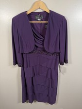 Alex Evenings Jacket Dress Set 10 Petite Purple Tiered Sequin Trim Cocktail MOB picture