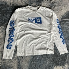 MADHAPPY x ROXY CROPPED ViNTAGE Y2k HiBiSCUS FLOWER L/S ÉCRU BRiGHT BLUE HAWAii picture