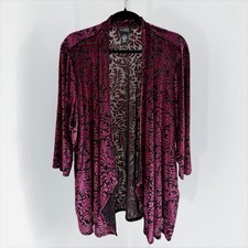 Catherines Anywear Kimono Top Womens 3X Plus Burgundy Velvet Floral Burnout Open picture