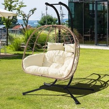 Patio Hanging Swing 2 Person Egg Chair Wicker Chair w/Cushion Stand Outdoor picture