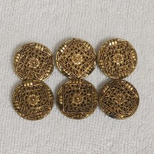 6 Czech Antique Brass Filigree Buttons Flower Center 1920s Art Deco 13/16