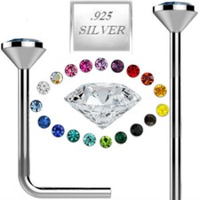925 Sterling Silver Straight L Bend Nose Stud Ring 1MM  1.5MM 2MM 2.5MM CZ 22G picture