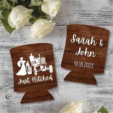 Personalized Barnwood Can Cooler Just Hitched Wedding Beer Coolies Rustic Design picture