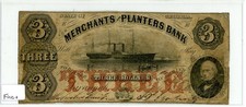 1860 $3 Merchants and Planters Bank, GA Obsolete Note in Fine+ Condition picture