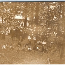 c1910s Large Community Picnic Woods RPPC Postcard Pergola Boater Hats Kids Flag picture