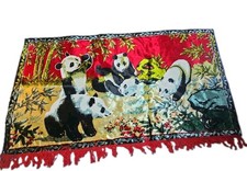 VTG Swan Velveteen Tapestry Panda Bears Wall Hanging Rug 38x21 China 70s Fringe picture
