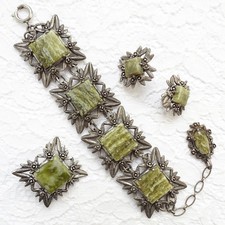 Vintage MIRACLE Scottish Celtic Bracelet Brooch Earrings Set Green Agate Glass picture