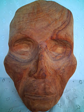 Vintage Hand Carved Wood Face Sculpture Mask Folk Art Freestanding Wall Art Sign picture