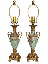 Pair Vintage Neoclassical Urn Table Lamps Verdi Gris Gold Hollywood Regency picture