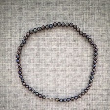 Black Pearl Beaded Strand Necklace Iridescent Round Beads Silver Box Clasp 925 picture