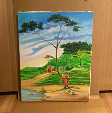 Signed Folk Art Landscape Canvas Painting - Trees Hills Houses River Unframed picture