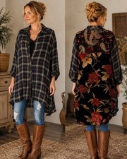 Oddy Women's 2X Plaid Patchwork Tunic Mixed Media Velvet Floral Boho Oversized picture
