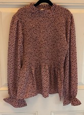 AndTheWhy Women’s L Pink Smocked Peplum Blouse Boutique Ruffle Crewcollar & Cuff picture