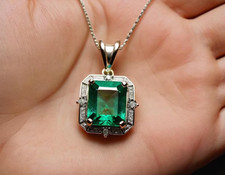 4.80Ct Emerald cut Natural Emerald & Diamond 14K White Gold Luxury Pendant picture