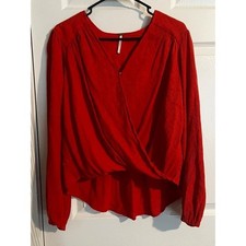 Free People, Flame Orange Red Textured Surplice Wrap Blouse, Long Sleeve picture