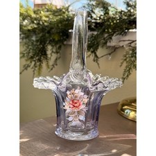 Fenton Glass Basket vintage 1991 Purple Excellent Hand Painted Floral Ruffled picture