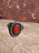 VTG Navajo Silver Red Coral  Oval Shadowbox Ring Size 5 picture