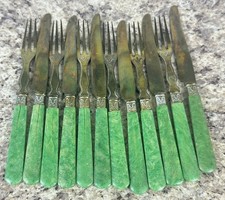 Set of 12 Antique French Vermeil Green Handle Fruit Service Green Handle picture
