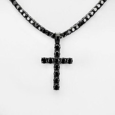 Tennis Chain W. Cross Solid Real 925 Sterling Silver 4mm Black CZ 1 Row picture