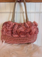 Sondra Roberts Pink Rosette Satchel with Beige Handles Vintage Knit Good Vtg picture