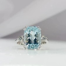 6.50 Ct Cushion Cut Natural Aquamarine & Diamond Wedding Ring 14K White Gold picture
